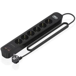 Aisens Regleta Enchufes ASPS-2A2C17-BK con Carga 20W PD3.0 - 6 Tomas Schuko + 2 USB-C + 2 USB-A, 1.4m, Interruptor, Negro, Protección Sobrecarga y Infantil